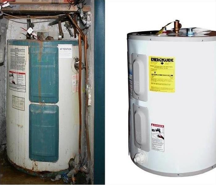 Old worn out hot water heater next to a brand new hot water heater