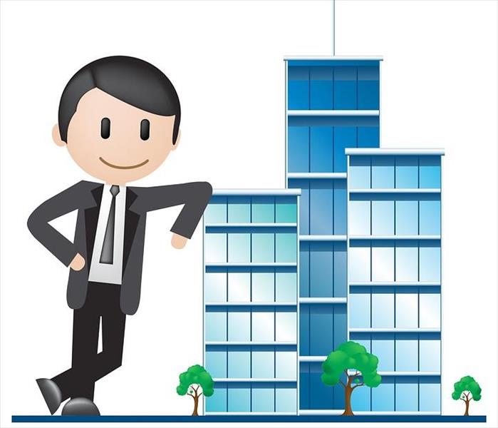 cartoon image of man leaning on a commercial building